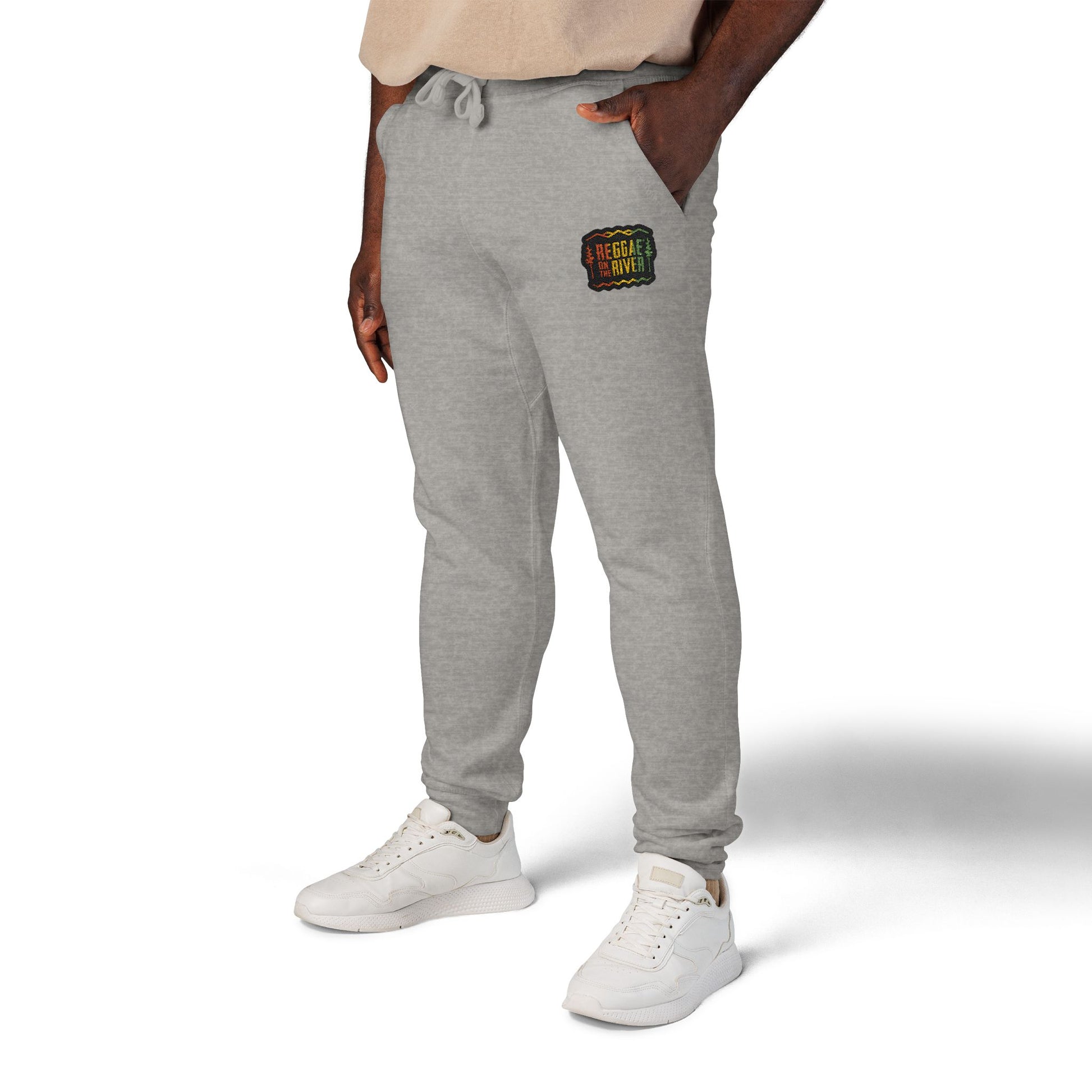 Embroidered Rasta Patch Fleece Sweatpants — Cozy White Joggers with Colorful Lion Patch