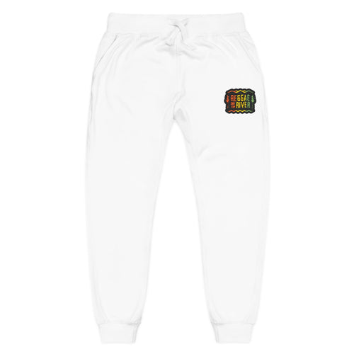 Embroidered Rasta Patch Fleece Sweatpants — Cozy White Joggers with Colorful Lion Patch